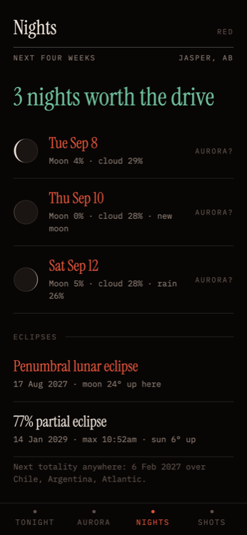 Nights: four nights worth the drive, with moon discs, and the next eclipses.