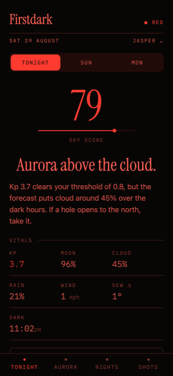 The same screen in red-light mode: every element red on black, with no white or
                  green anywhere.